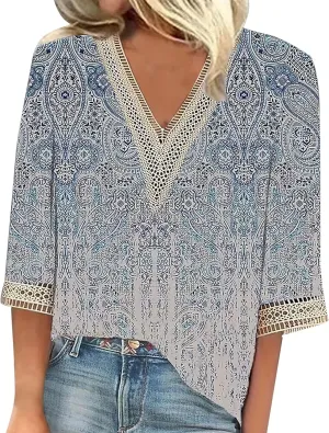 Three Quarter Sleeve Tops Woman Lace Trim V Neck Crochet Tops Boho Hawaiian Shirt, Small-5X-Large