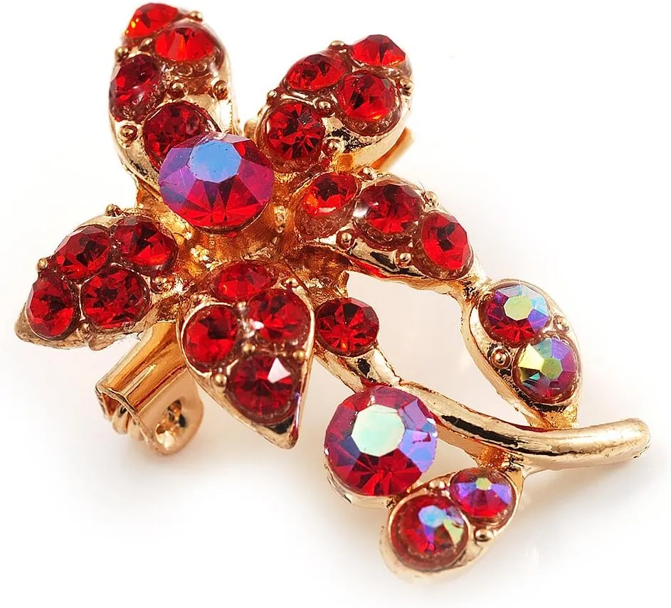 Tiny Red Crystal Floral Pin Brooch (Gold Tone)