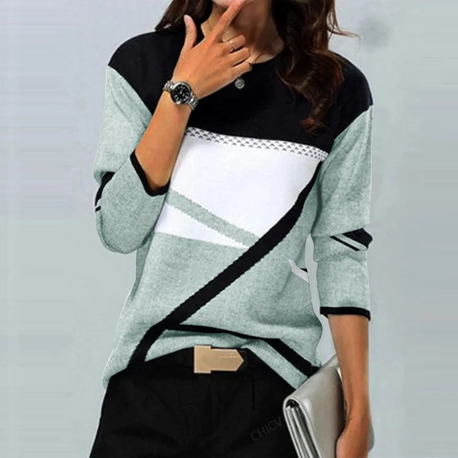 Tops for Women Fall 2024 Color Block Floral Printed Casual Sweatshirts Loose Fashion Round Neck Comfy Pullover Shirts