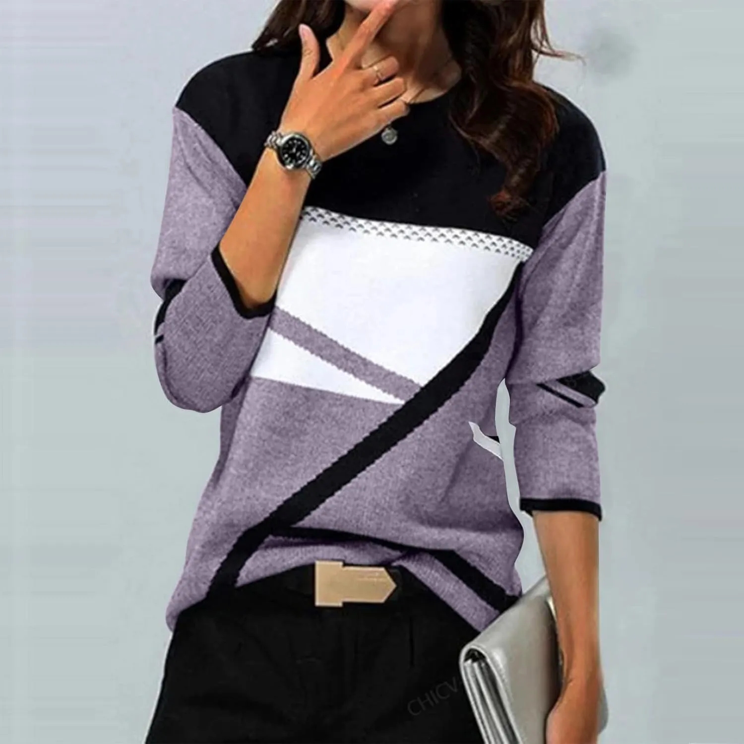 Tops for Women Fall 2024 Color Block Floral Printed Casual Sweatshirts Loose Fashion Round Neck Comfy Pullover Shirts