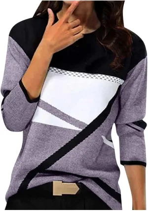 Tops for Women Fall 2024 Color Block Floral Printed Casual Sweatshirts Loose Fashion Round Neck Comfy Pullover Shirts