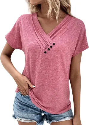 Tops for Womens Plus Size Short Sleeve Casual Pullover V Neck Fashion Blouse Tees 2024 Summer Button Printed T Shirt