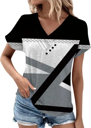 Tops for Womens Plus Size Short Sleeve Casual Pullover V Neck Fashion Blouse Tees 2024 Summer Button Printed T Shirt