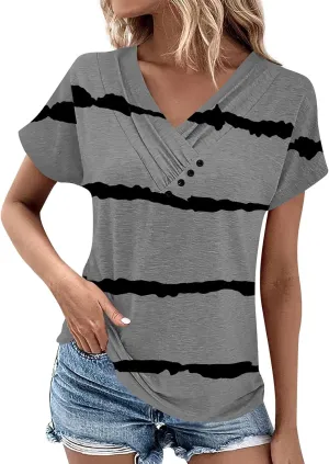 Tops for Womens Plus Size Short Sleeve Casual Pullover V Neck Fashion Blouse Tees 2024 Summer Button Printed T Shirt