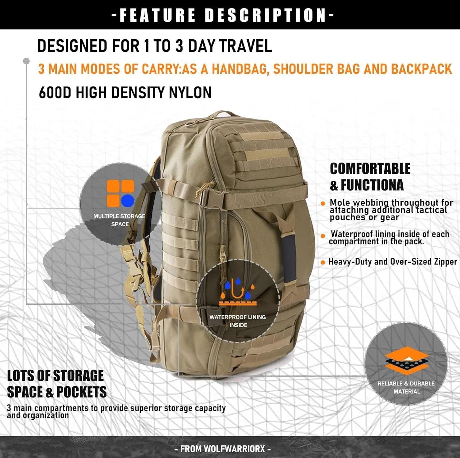 Travel Duffle Bag Backpack for Men - Large Tactical Bags Weekender Gym Bag for Overnight Traveling Military Workout Deployment Sports (Coyote, 80L)