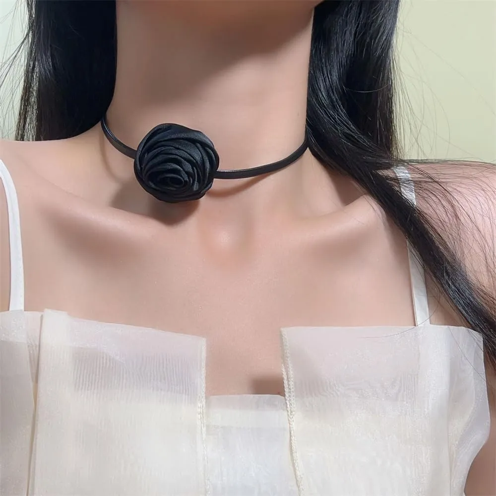 Trendy Rose Flower Choker Necklace for Women Elegant Cloth Fabric Floral Collarbone Necklaces Statement Wedding Adjustable Jewelry