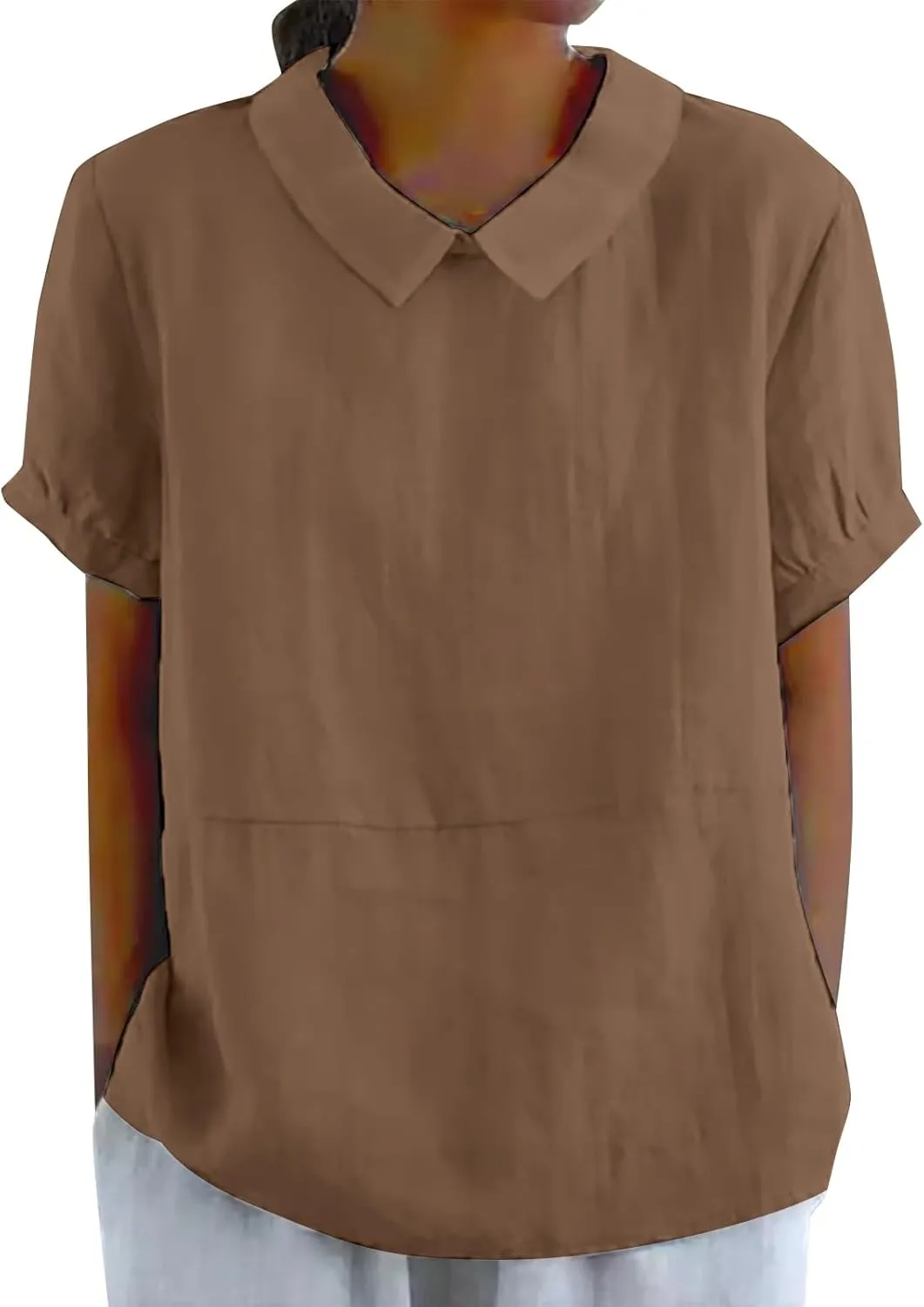 Trendy T Shirts for Women Loose Fit Solid Color Lapel Collar Short Sleeve Linen Blouse Summer Lightweight Workout Top