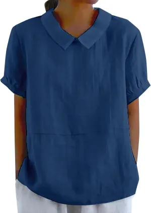 Trendy T Shirts for Women Loose Fit Solid Color Lapel Collar Short Sleeve Linen Blouse Summer Lightweight Workout Top