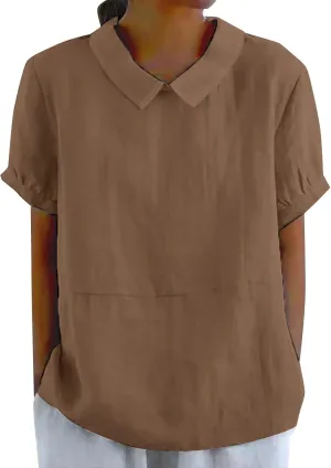 Trendy T Shirts for Women Loose Fit Solid Color Lapel Collar Short Sleeve Linen Blouse Summer Lightweight Workout Top