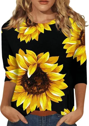 Trendy Tops for Women 2024 3/4 Length Sleeve Crew-Neck T Shirts Flower Printing Loose Casual Blouses