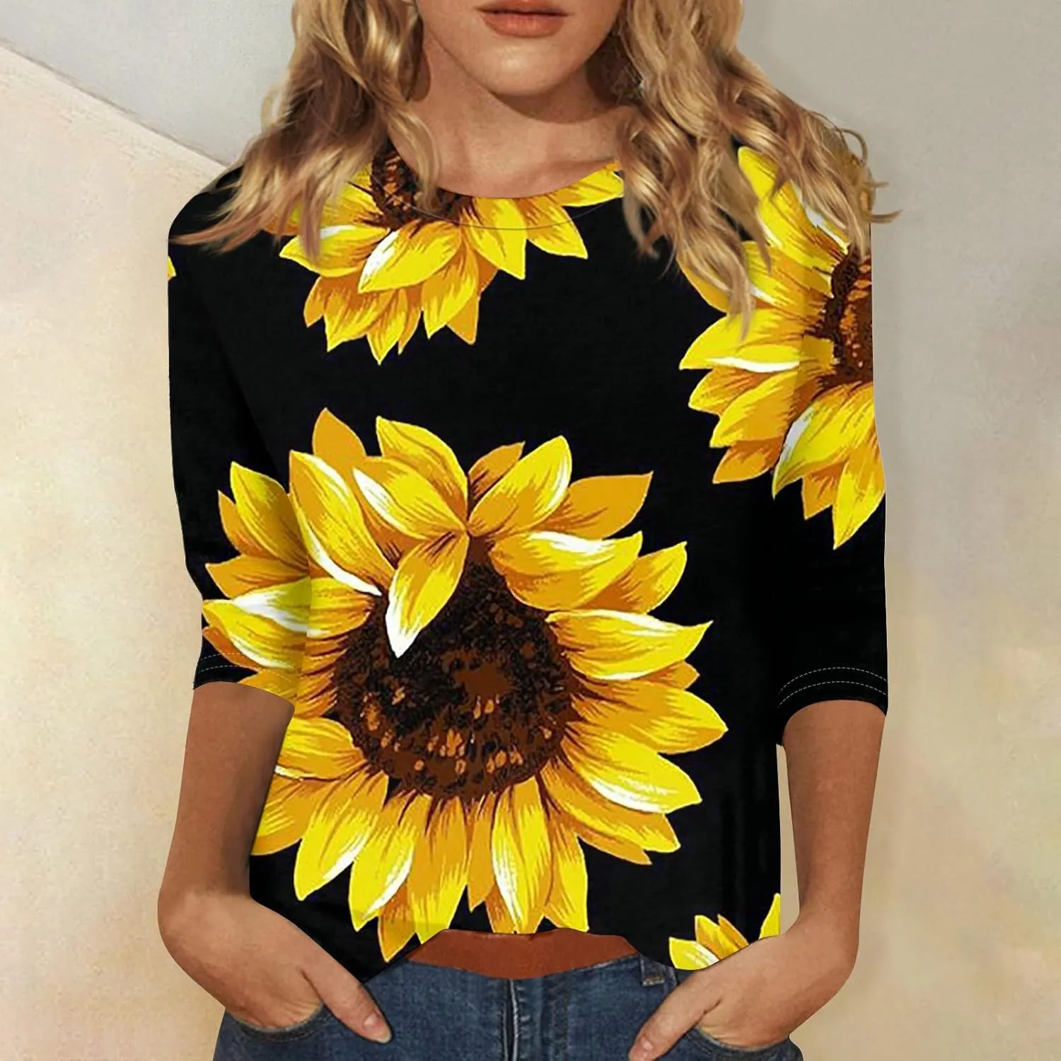 Trendy Tops for Women 2024 3/4 Length Sleeve Crew-Neck T Shirts Flower Printing Loose Casual Blouses