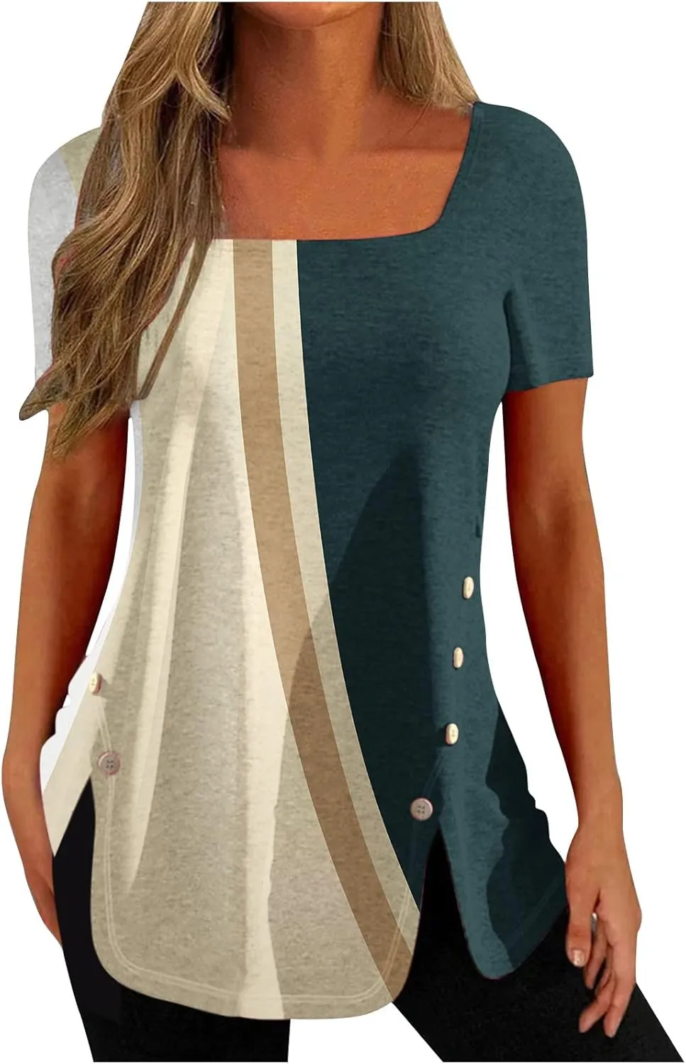 Tunic Tops for Women Trendy 2024 Boho Floral Print Summer Shirts Dressy Casual Square Neck Short Sleeve Blouses