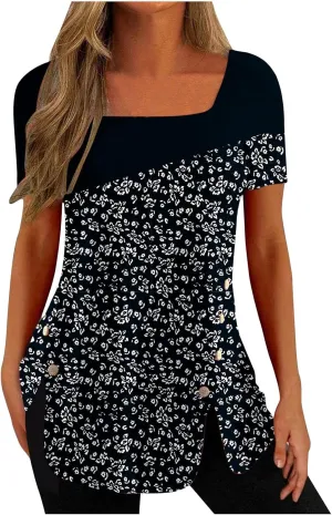 Tunic Tops for Women Trendy 2024 Boho Floral Print Summer Shirts Dressy Casual Square Neck Short Sleeve Blouses