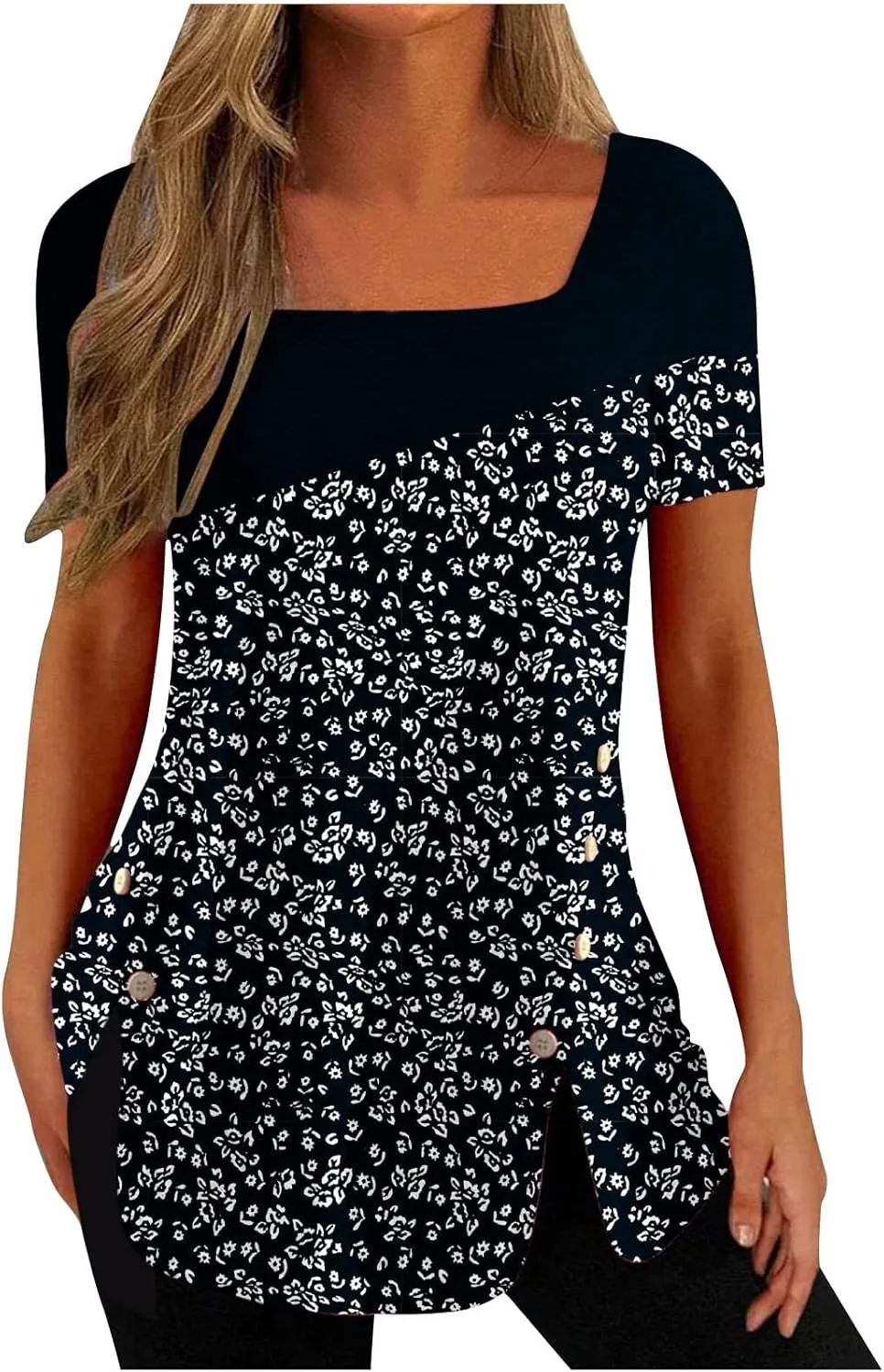 Tunic Tops for Women Trendy 2024 Boho Floral Print Summer Shirts Dressy Casual Square Neck Short Sleeve Blouses
