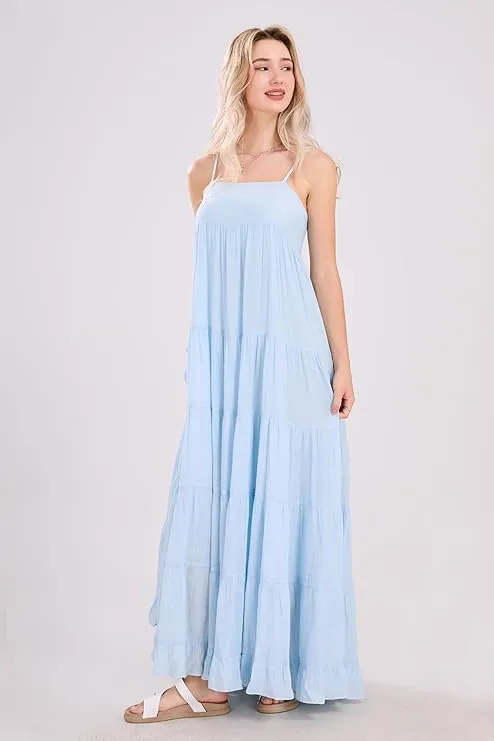 utcoco Women's Spaghetti Straps Maxi Dresses Back Smocked Sleeveless Tiered Swing Flowy Boho Long Sundress