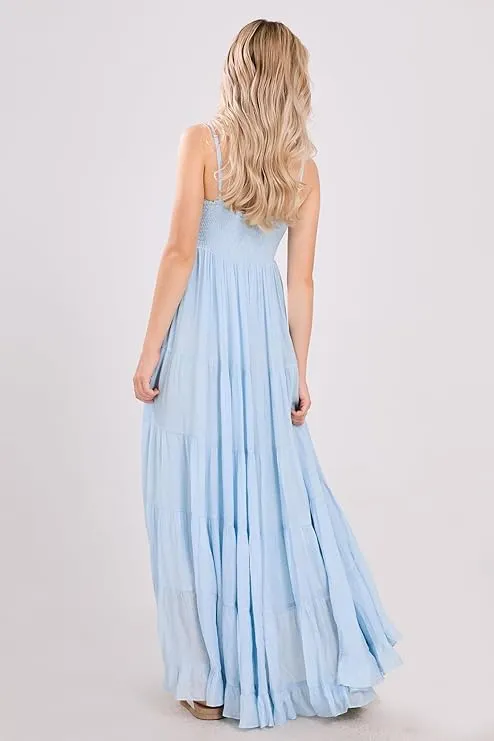 utcoco Women's Spaghetti Straps Maxi Dresses Back Smocked Sleeveless Tiered Swing Flowy Boho Long Sundress