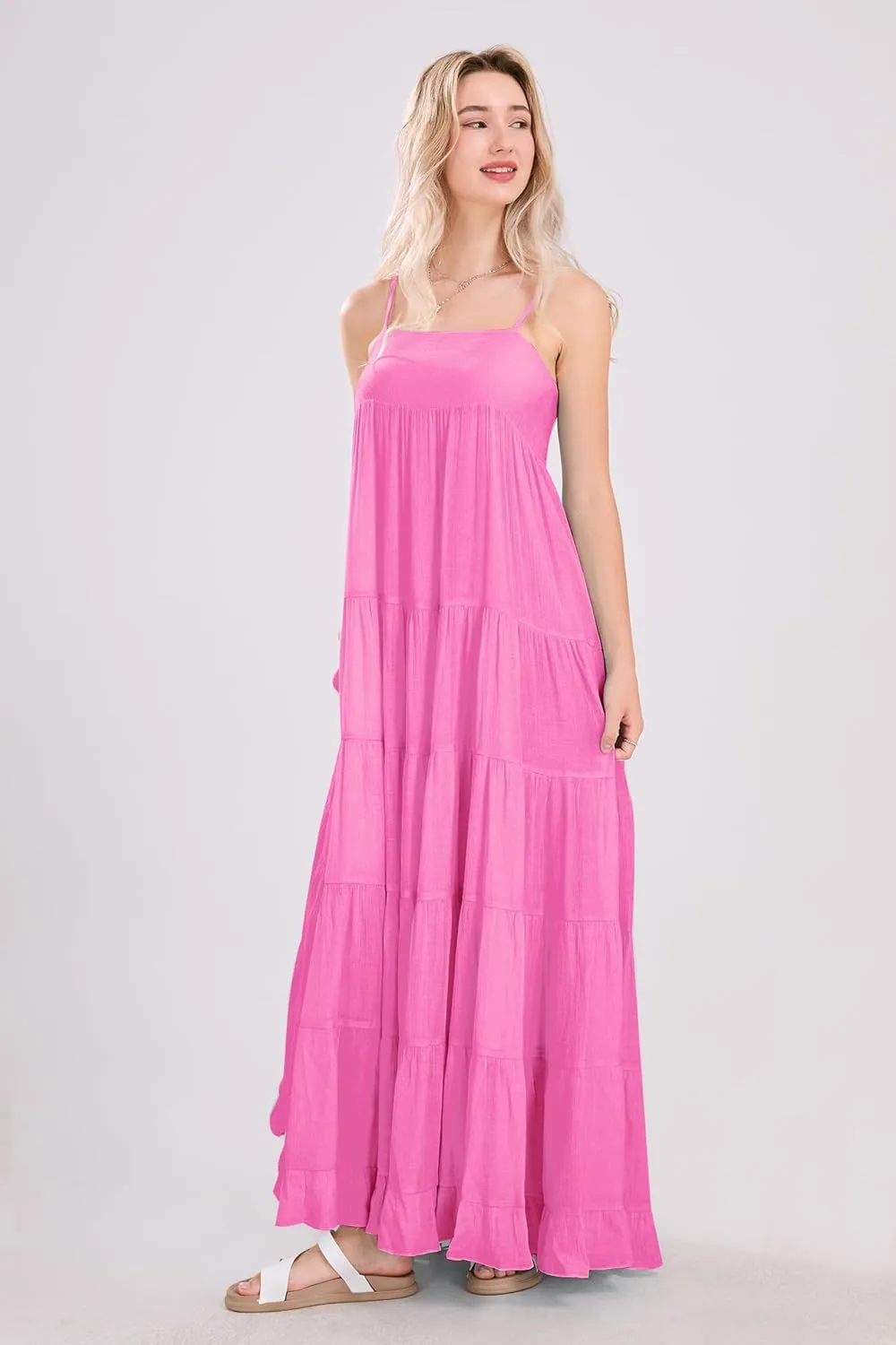 utcoco Women's Spaghetti Straps Maxi Dresses Back Smocked Sleeveless Tiered Swing Flowy Boho Long Sundress
