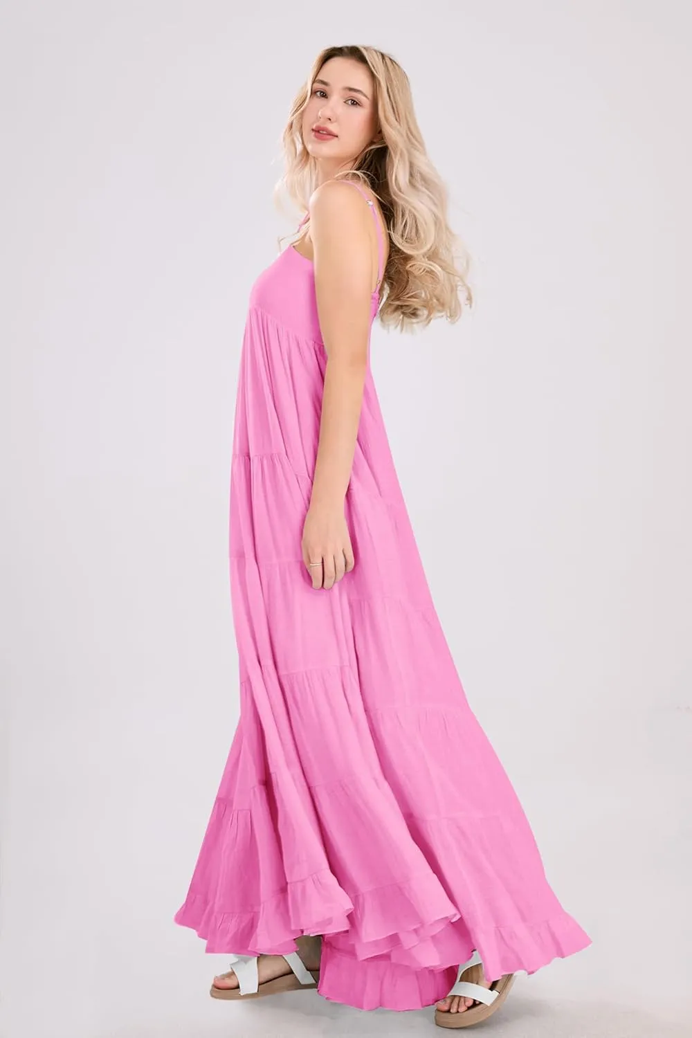 utcoco Women's Spaghetti Straps Maxi Dresses Back Smocked Sleeveless Tiered Swing Flowy Boho Long Sundress