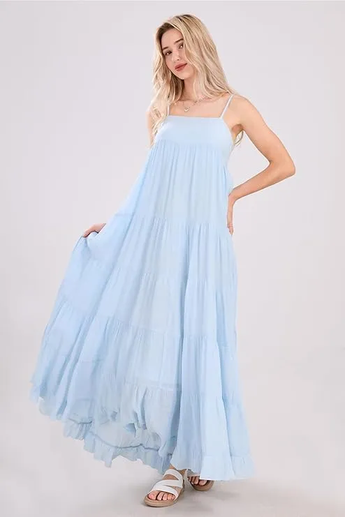 utcoco Women's Spaghetti Straps Maxi Dresses Back Smocked Sleeveless Tiered Swing Flowy Boho Long Sundress