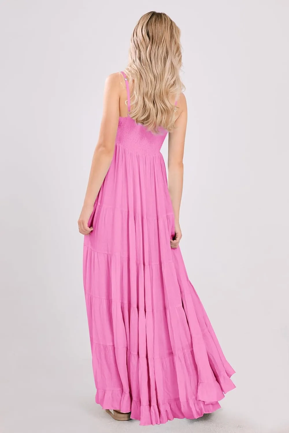 utcoco Women's Spaghetti Straps Maxi Dresses Back Smocked Sleeveless Tiered Swing Flowy Boho Long Sundress