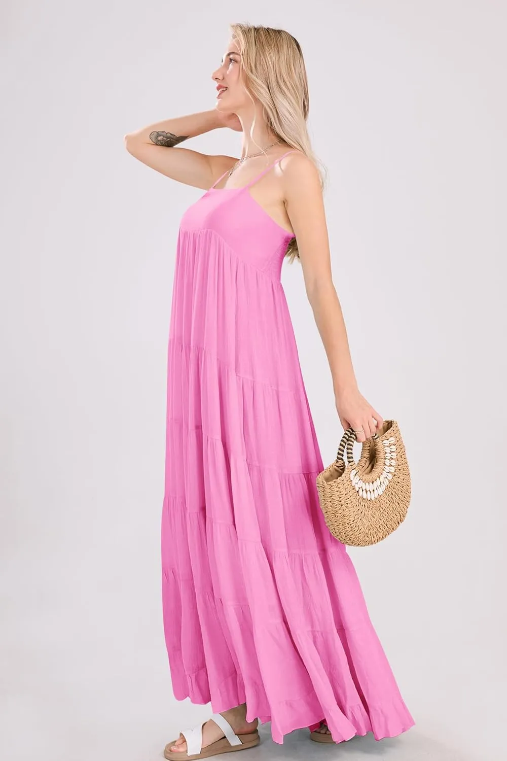 utcoco Women's Spaghetti Straps Maxi Dresses Back Smocked Sleeveless Tiered Swing Flowy Boho Long Sundress
