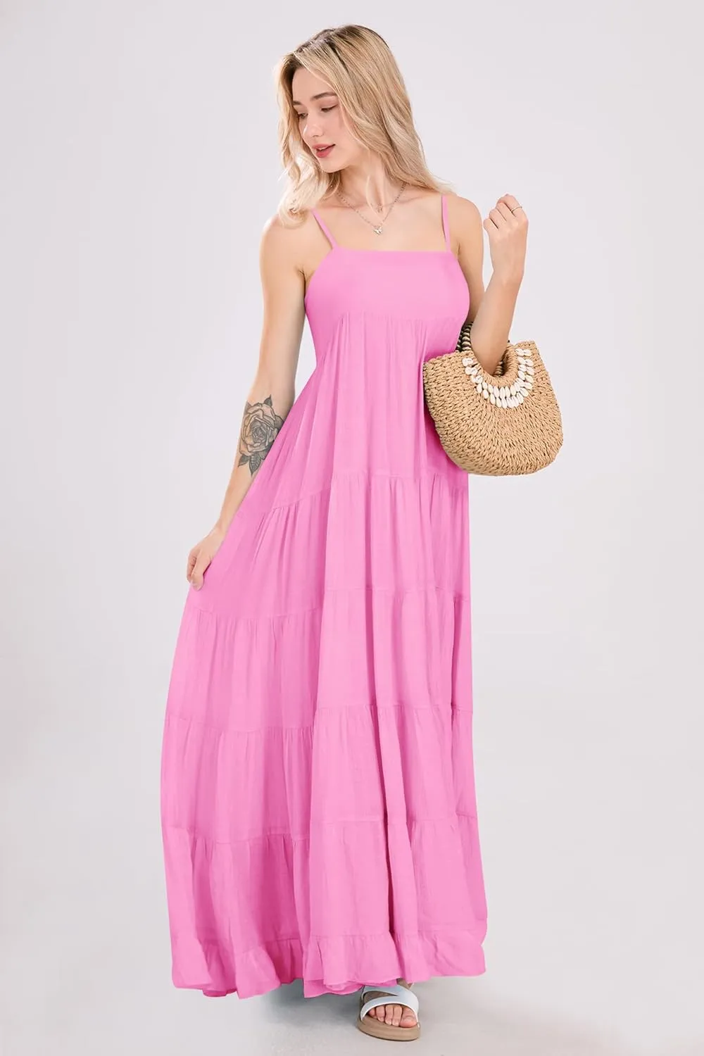 utcoco Women's Spaghetti Straps Maxi Dresses Back Smocked Sleeveless Tiered Swing Flowy Boho Long Sundress