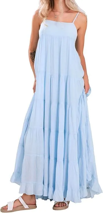 utcoco Women's Spaghetti Straps Maxi Dresses Back Smocked Sleeveless Tiered Swing Flowy Boho Long Sundress
