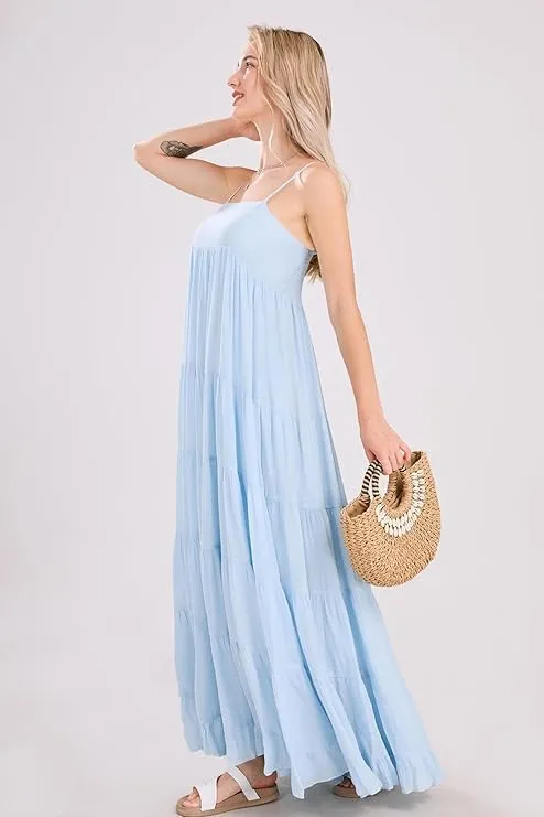 utcoco Women's Spaghetti Straps Maxi Dresses Back Smocked Sleeveless Tiered Swing Flowy Boho Long Sundress