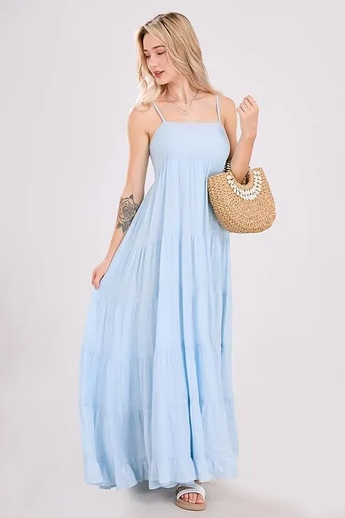 utcoco Women's Spaghetti Straps Maxi Dresses Back Smocked Sleeveless Tiered Swing Flowy Boho Long Sundress