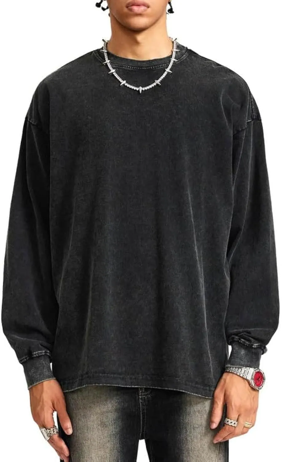 Vamtac Long Sleeve Shirts For Men Oversized Crewneck Sweatshirt Casual Acid Wash Tshirt Cotton T-Shirts Unisex Pullover Top Black Medium
