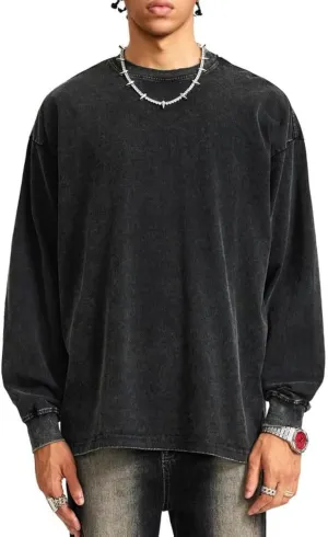 Vamtac Long Sleeve Shirts For Men Oversized Crewneck Sweatshirt Casual Acid Wash Tshirt Cotton T-Shirts Unisex Pullover Top Black Medium