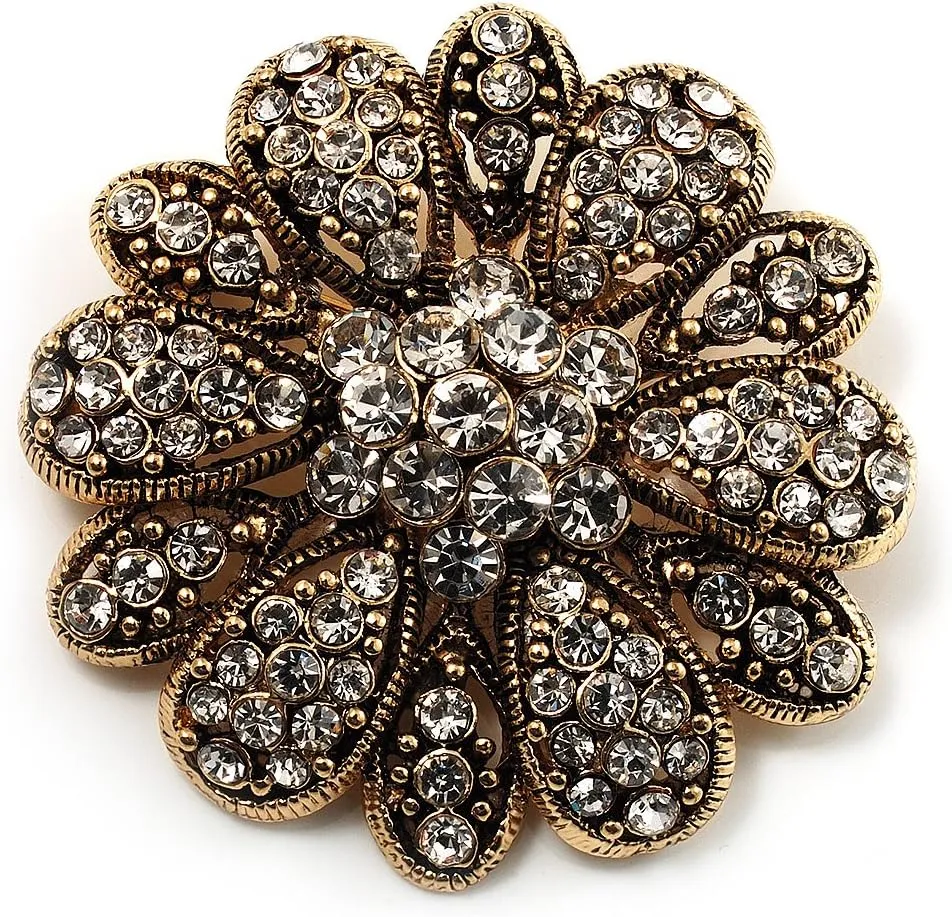 Vintage Clear Crystal Floral Brooch in Aged Gold Tone Metal - 40mm D