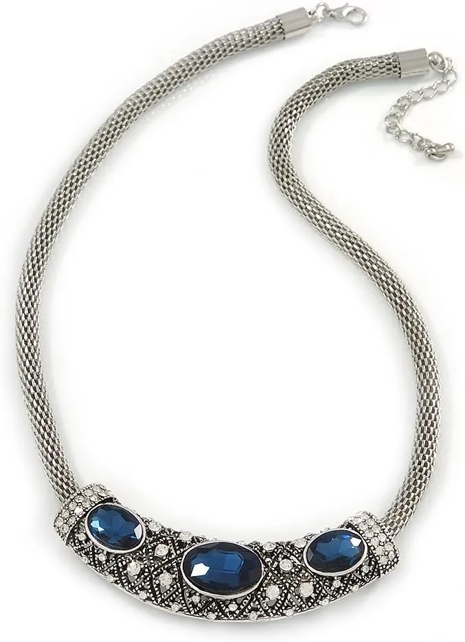 Vintage Inspired Mesh Chain With Midnight Blue/Clear Crystal Sliding Bar Pendant Necklace In Silver Tone - 44cm L/ 4cm Ext