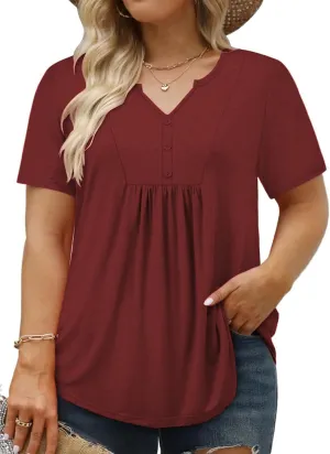 VISLILY Women's Plus-Size-Summer-Tops Trendy Henley V Neck T-Shirts Flowy Pleated Tunics Short Sleeve Buttons Up Blouses