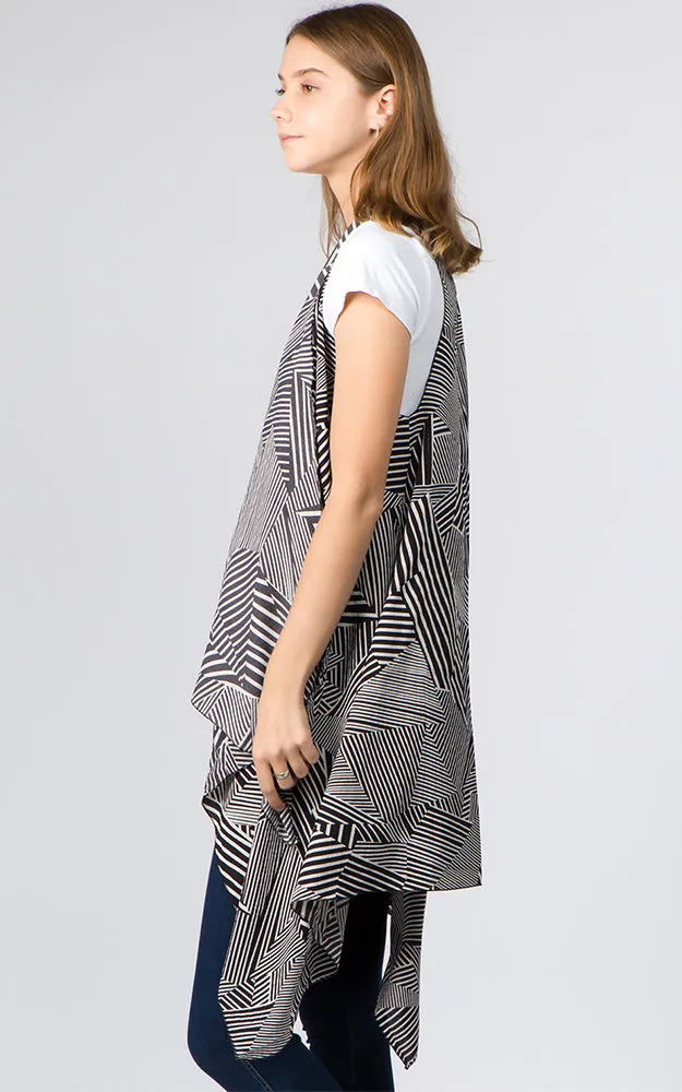 VP91B7 Stripe Geometric Print Long Scarf Vest