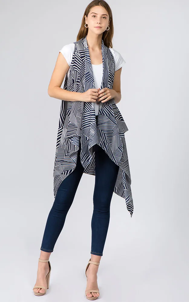 VP91B7 Stripe Geometric Print Long Scarf Vest