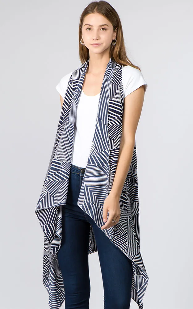 VP91B7 Stripe Geometric Print Long Scarf Vest