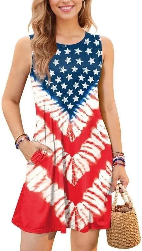 VVNTY American Flag Tank Dress Women: 4th of July Shirts Sleeveless Patriotic USA Flag Tees Casual Summer Tanks Sundress
