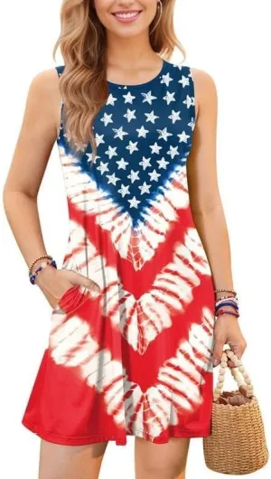 VVNTY American Flag Tank Dress Women: 4th of July Shirts Sleeveless Patriotic USA Flag Tees Casual Summer Tanks Sundress