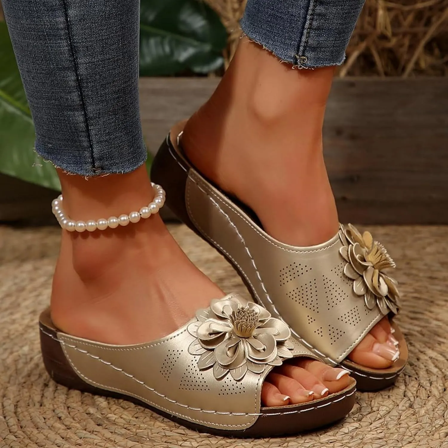 Wedge Sandals for Women Casual Party Wedding Event Summer Shoes Slipper Chic Flowers Orthopedic Sandals Ladies Cute Slides Outdoor Travel Dressy Flats Comfy Sandal