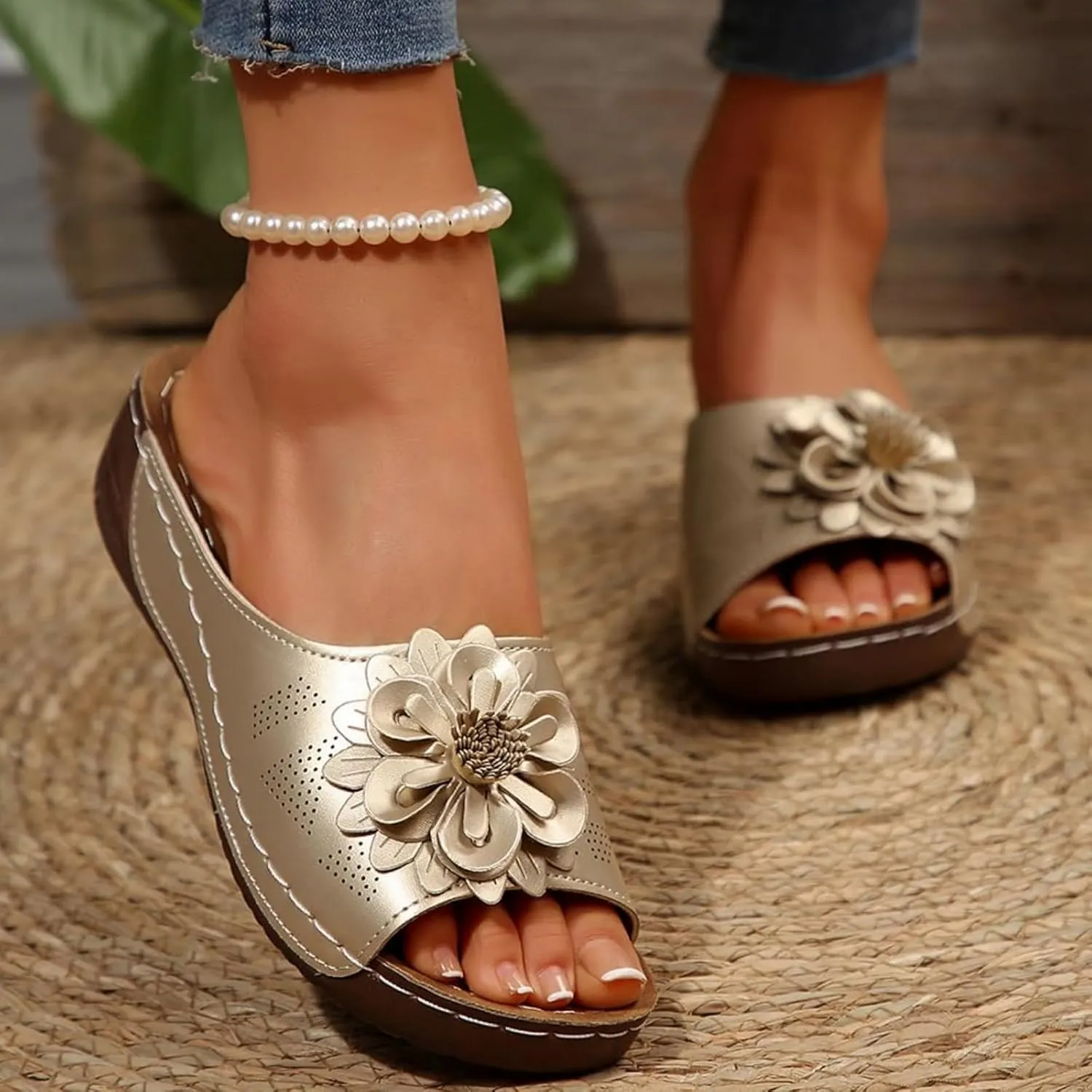 Wedge Sandals for Women Casual Party Wedding Event Summer Shoes Slipper Chic Flowers Orthopedic Sandals Ladies Cute Slides Outdoor Travel Dressy Flats Comfy Sandal