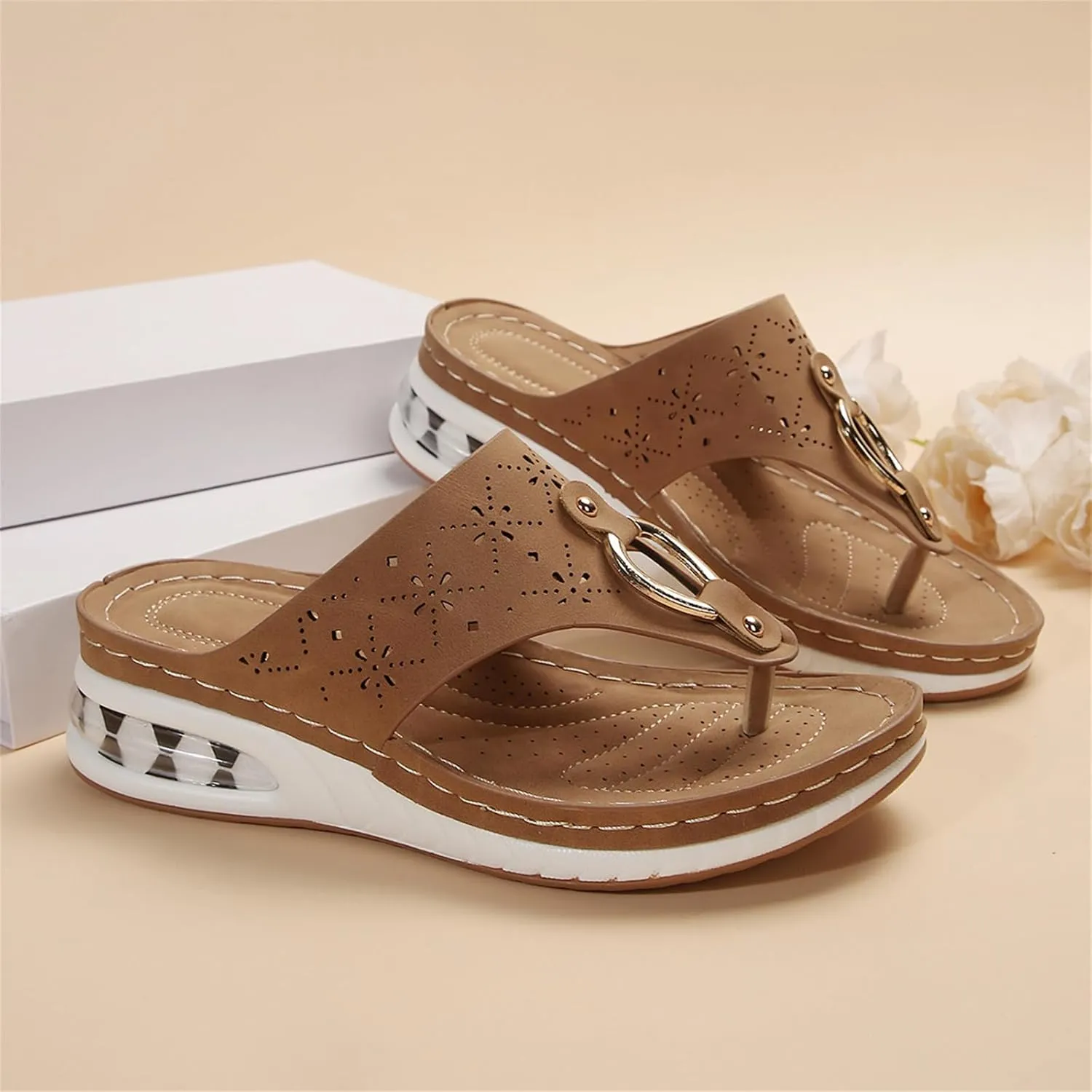 Wedge Sandals for Women Summer Dressy Platform Flip Flops Casual Hollow Out Walking Sandal Comfortable Platform Non Slip Flip Flop Low Wedges Wedding Sandals with Arch Support