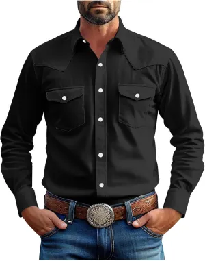 Western Cowboy Shirts for Men Pearl Snap Button Down Cotton Work Tshirt Men's Casual Shirt Jackets with Pockets