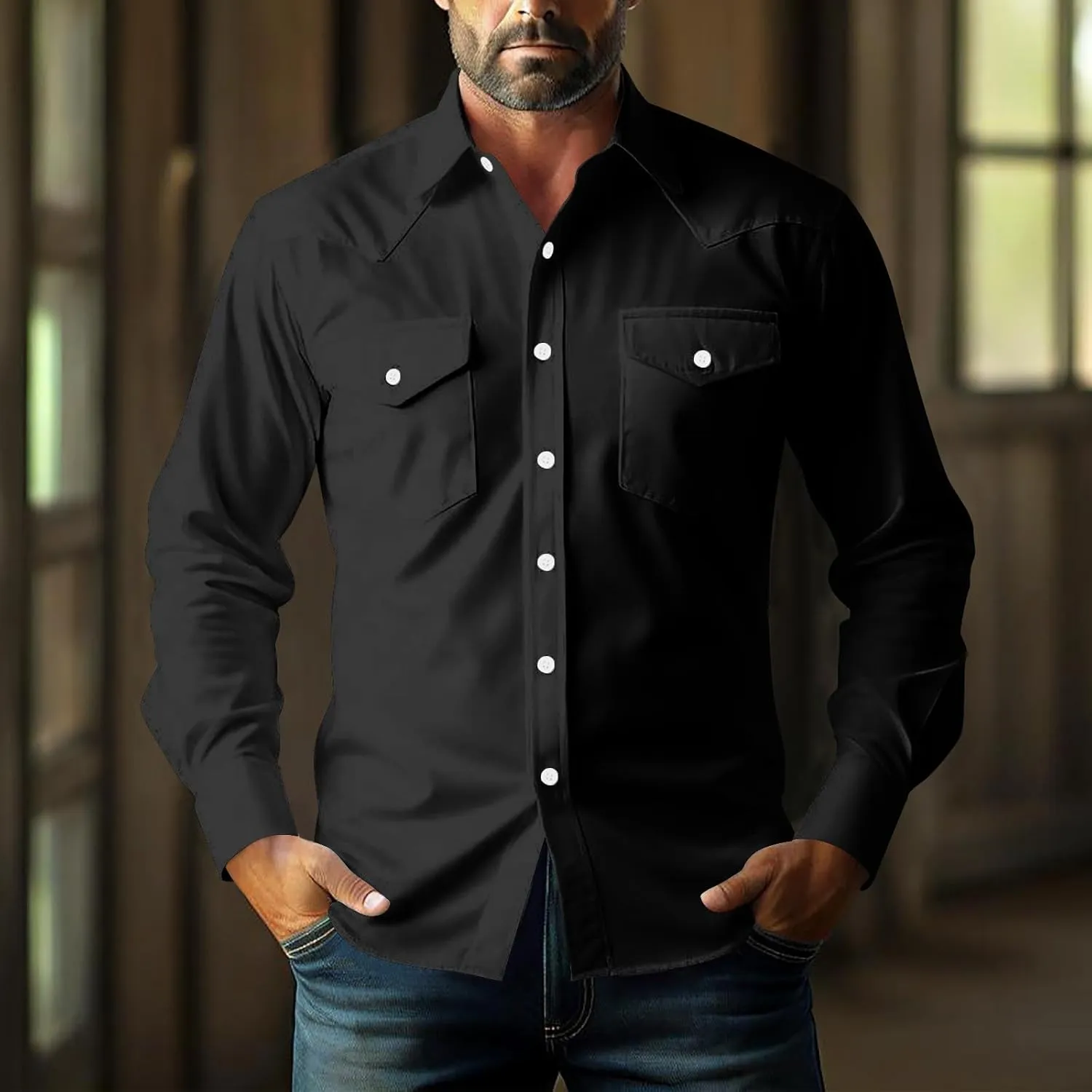 Western Cowboy Shirts for Men Pearl Snap Button Down Cotton Work Tshirt Men's Casual Shirt Jackets with Pockets