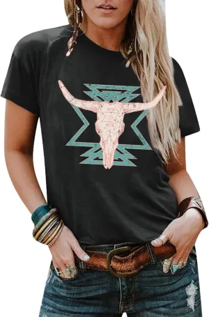 Western Shirts for Women Vintage Cow Skull Graphic Tshirts Casual Cowgirl Short Sleeve Tee Top