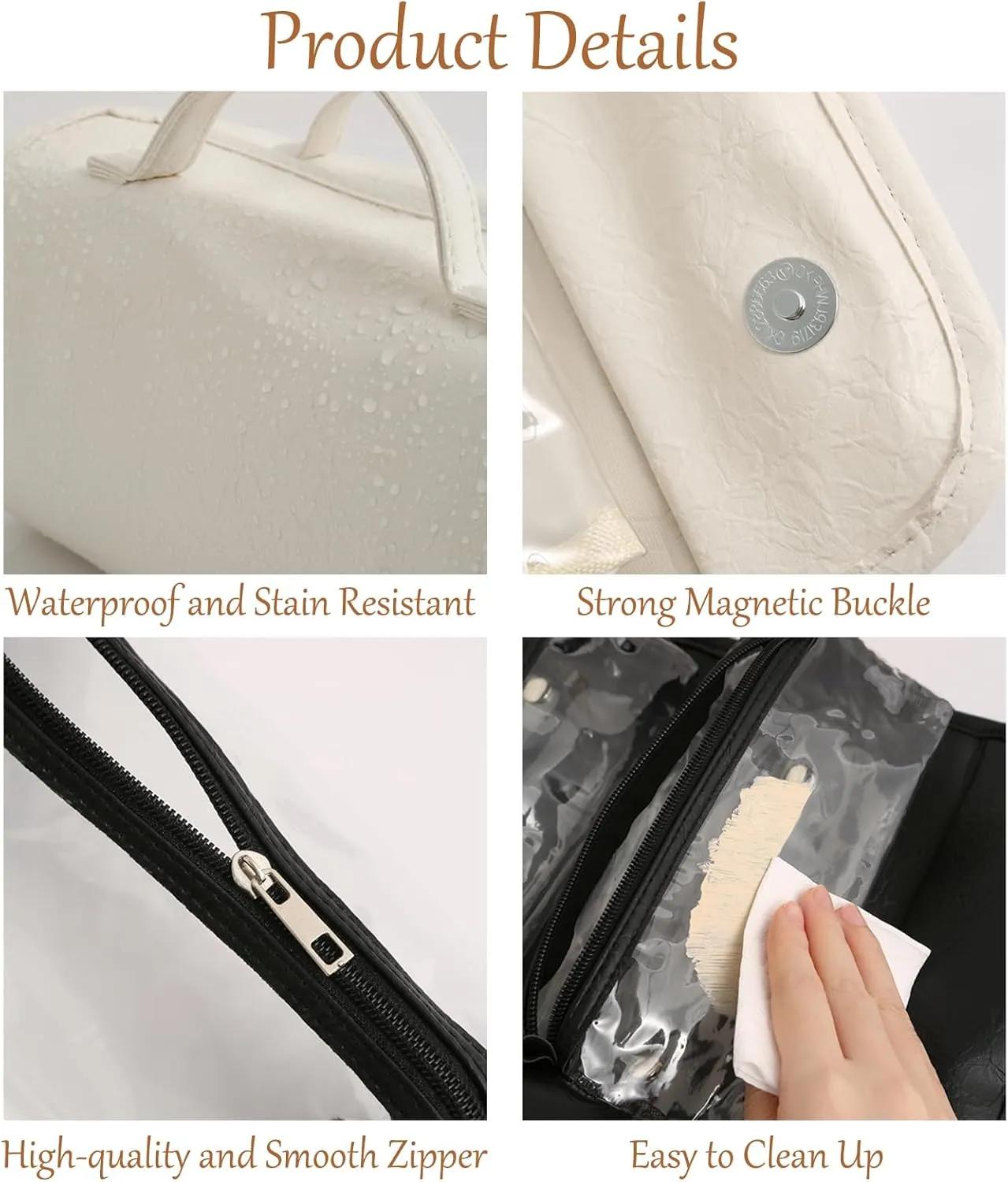White Waterproof Makeup Bag With Detachable Compartments 4 in 1 Roll Up Toiletry Bag Leather Travel Makeup Organizer Makeup Pouches For Women