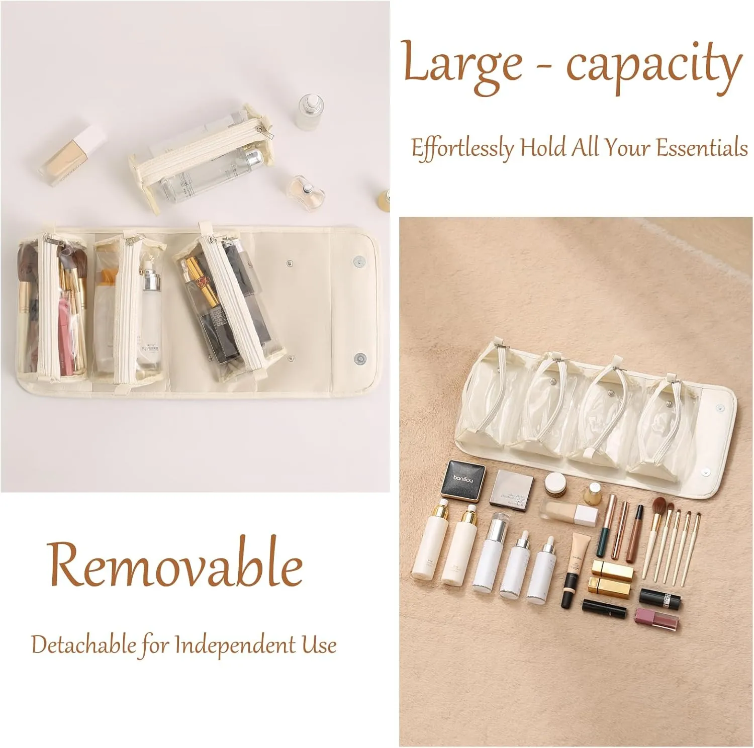 White Waterproof Makeup Bag With Detachable Compartments 4 in 1 Roll Up Toiletry Bag Leather Travel Makeup Organizer Makeup Pouches For Women