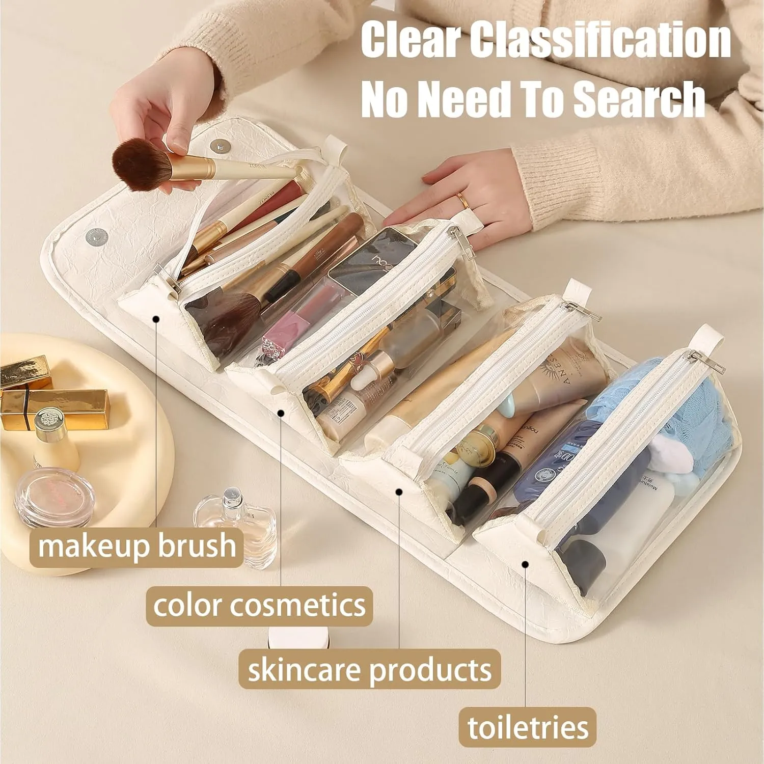 White Waterproof Makeup Bag With Detachable Compartments 4 in 1 Roll Up Toiletry Bag Leather Travel Makeup Organizer Makeup Pouches For Women
