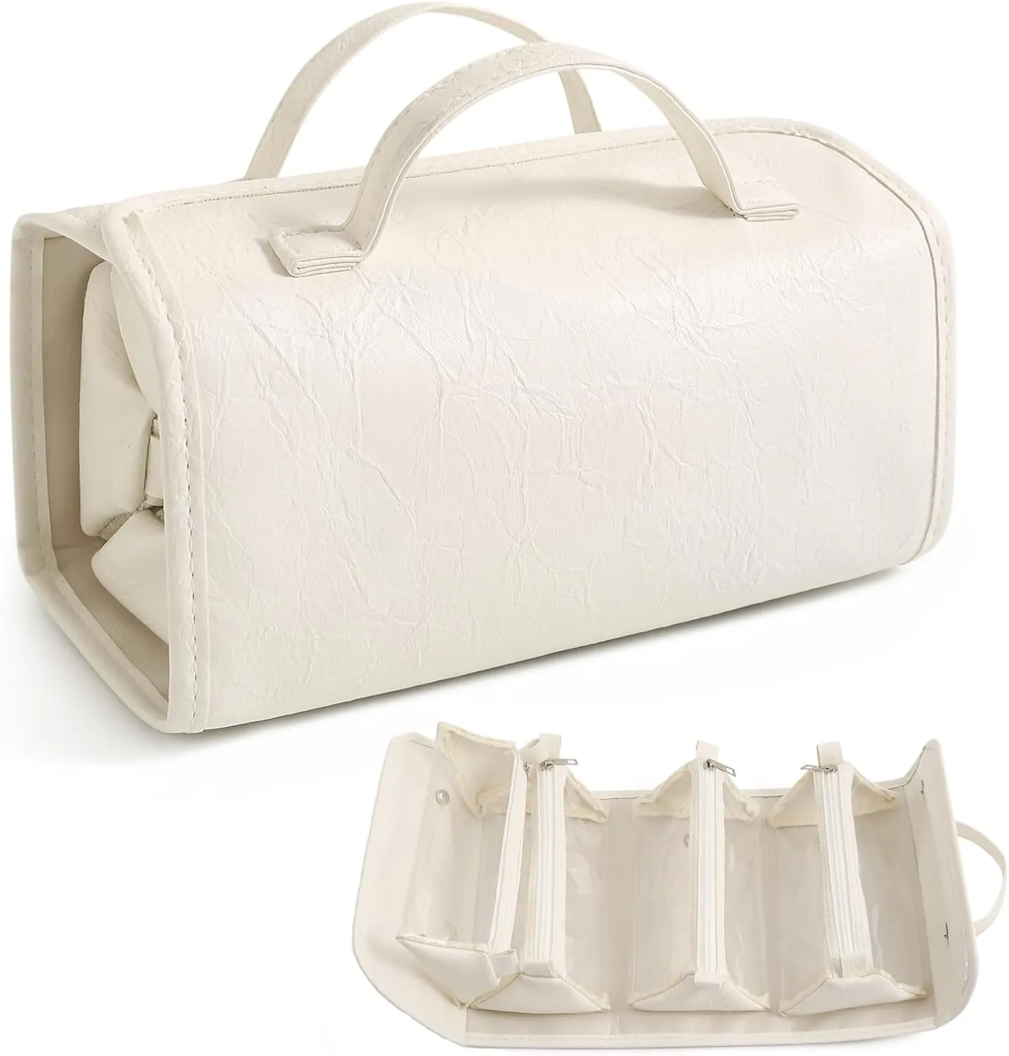 White Waterproof Makeup Bag With Detachable Compartments 4 in 1 Roll Up Toiletry Bag Leather Travel Makeup Organizer Makeup Pouches For Women