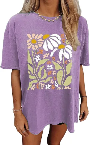 Wildflowers Shirt for Women Oversized Vintage Floral T Shirts Inspirational Graphic Tees Summer Casual Loose Beach Tops